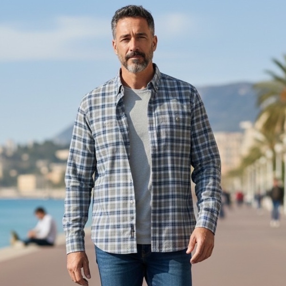 Faherty Brand Men Plaid Button Down Shirt Blue Grey Cotton Tencel MWS2032 Size M